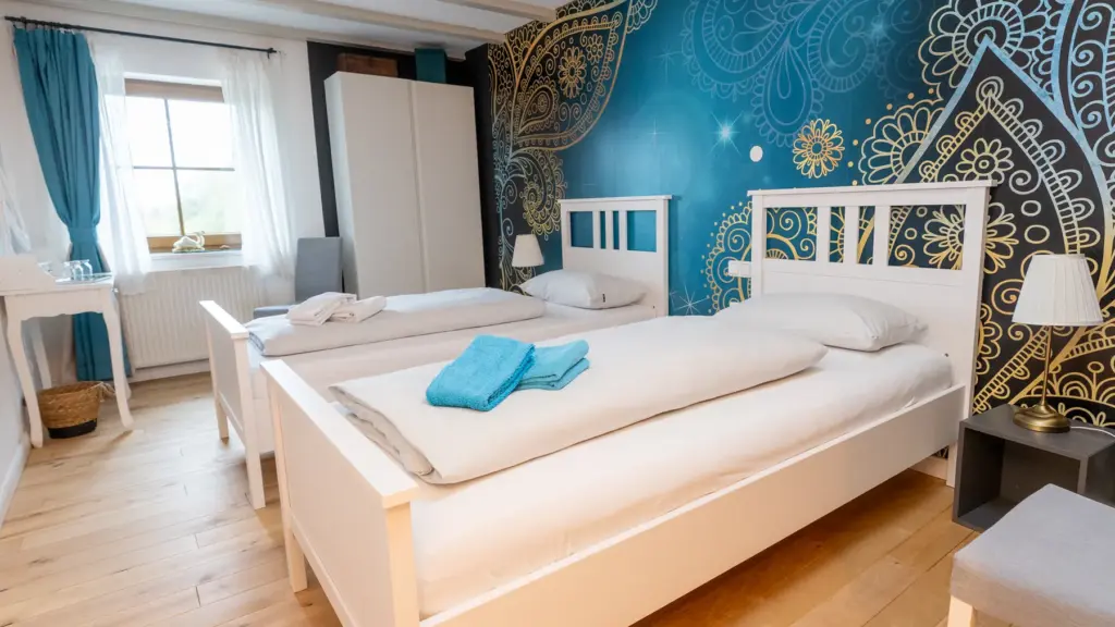 Zimmer 3: zwei weiße Einzelbetten vor einer blau-goldenen Mandala-Wand