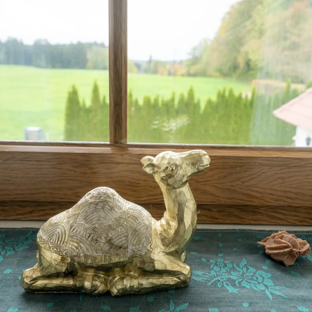 Zimmer 3: goldenes Kamel am Fenster mit Blick auf die Wiese